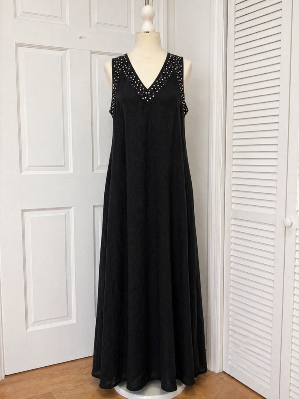 DKNY Black Studded V-Neck Maxi Dress